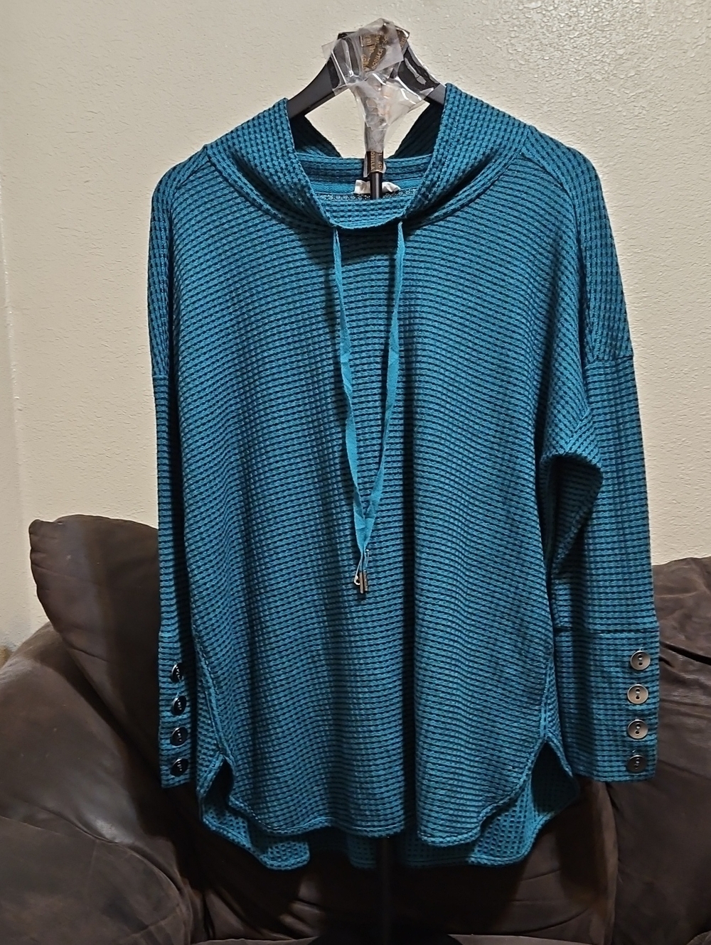 Westbound Teal Waffle-Knit Funnel Neck Sweater with Button Cuffs
